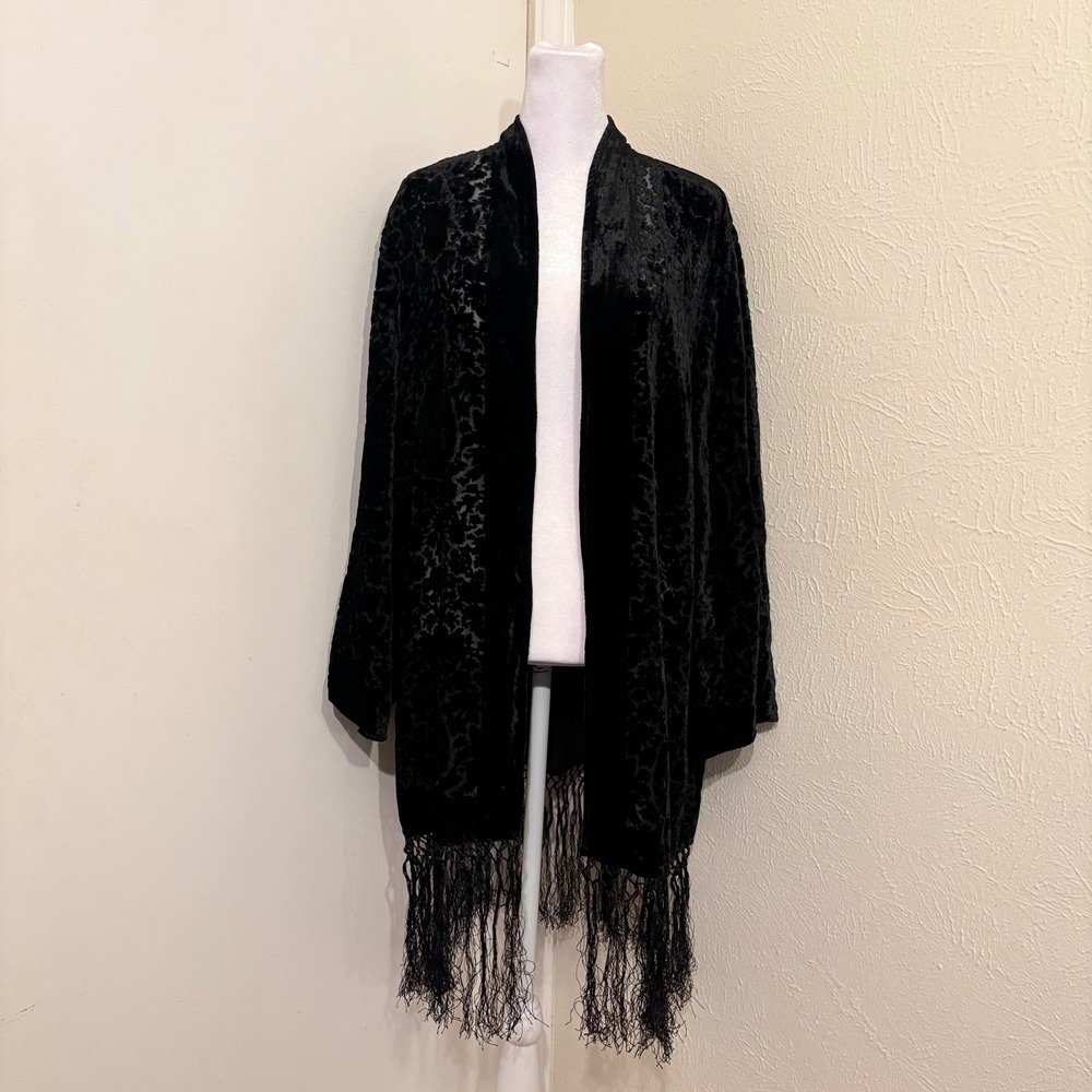 Chicos Black Burnout Velvet Fringe Kimono Wrap Paisley Damask Duster Gothic S/M